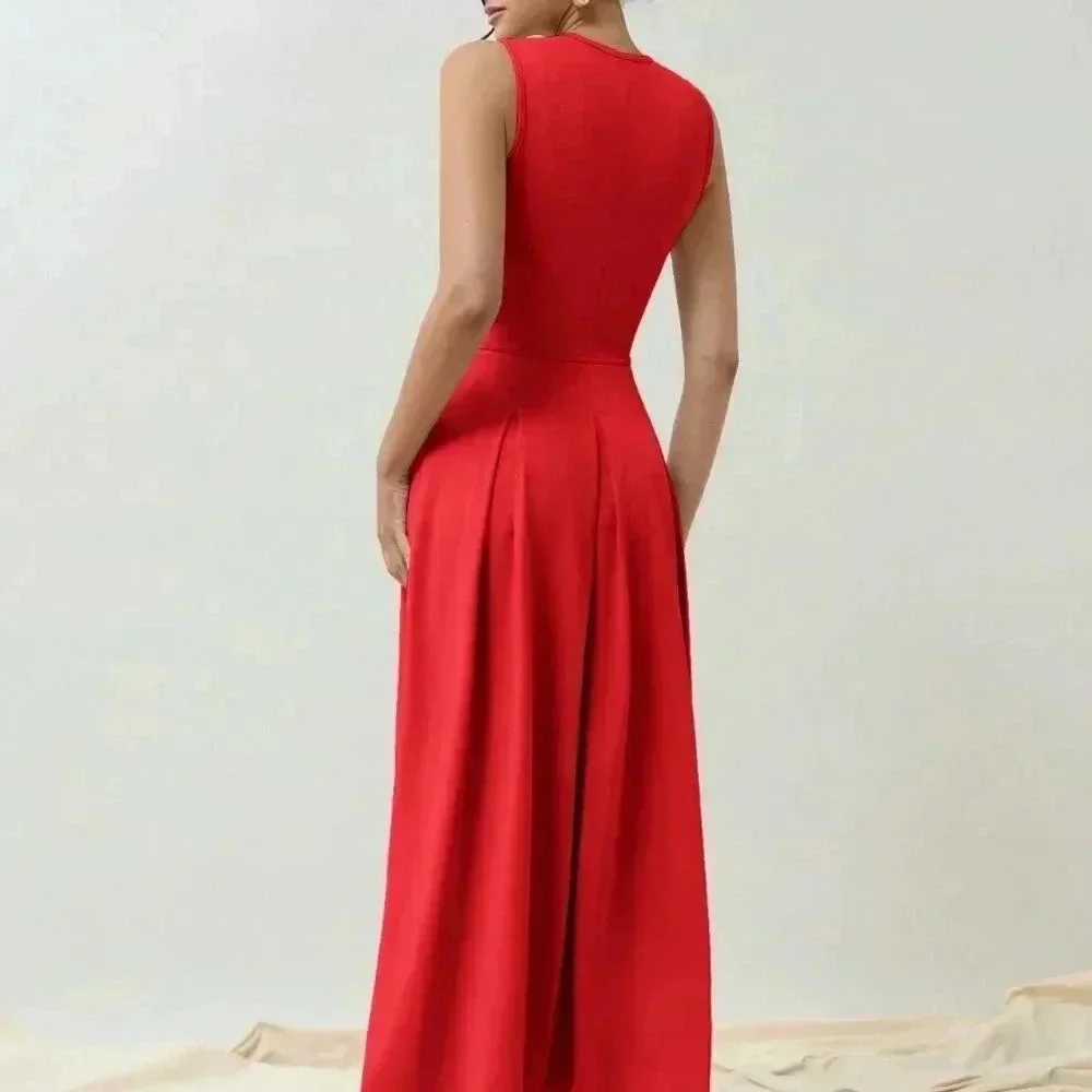 Red Elegant Women's Casual Sleeveless Gold Zipper Waist Gathered Long Dress